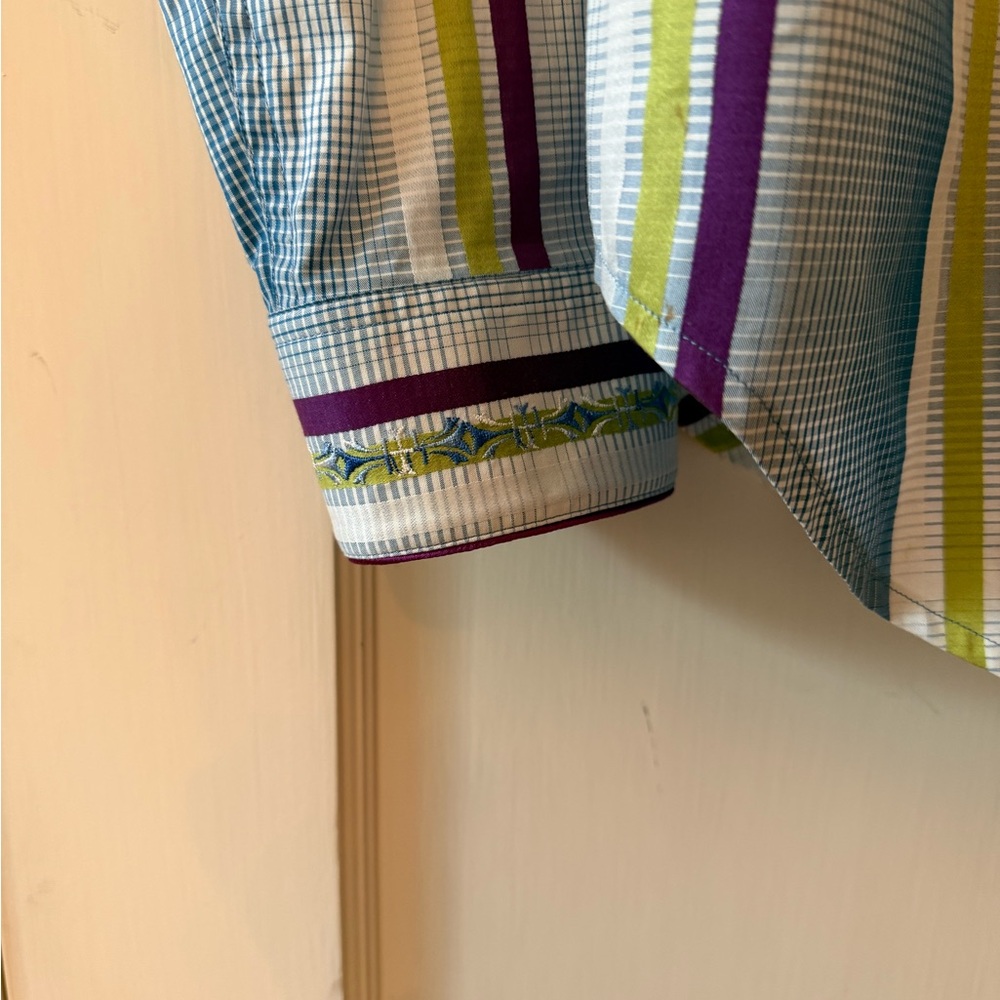 adidas Vertical Stripe Button-Down Shirt in Blue, Purple & Green - Picture 6 of 6